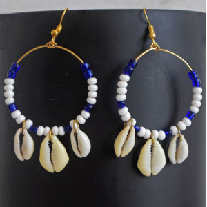 Blue and White Beaded with Shell Hoop Earring - Flower Child